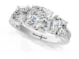 Silver Three-Stone Cushion Cut Cut Milgrain Pavé Engagement Ring_8
