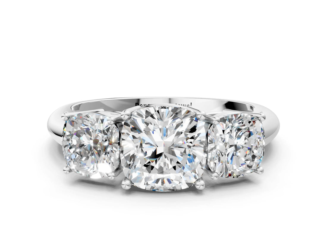 Silver Three-Stone Cushion Cut Diamond Engagement Ring with Prong Setting on a Silver Band_30