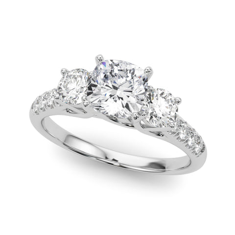 Silver Three-Stone Cushion Cut Diamond Pavé Band with Four-Prong Setting 2
