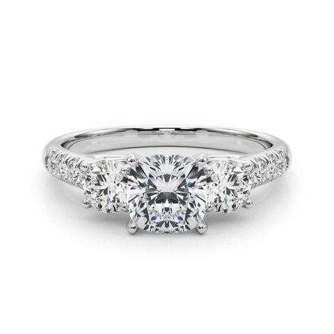 Silver Three-Stone Cushion Cut Diamond Pavé Band with Four-Prong Setting