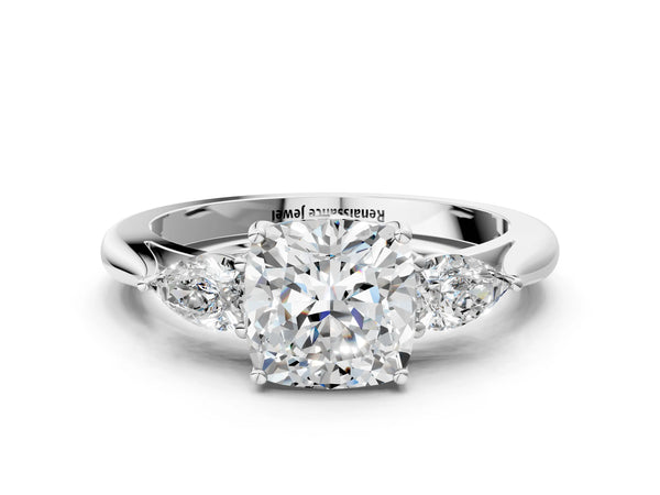 Sterling Silver Cushion Cut Three Stone Engagement Ring Setting with Pear Side Stones and Thin Band