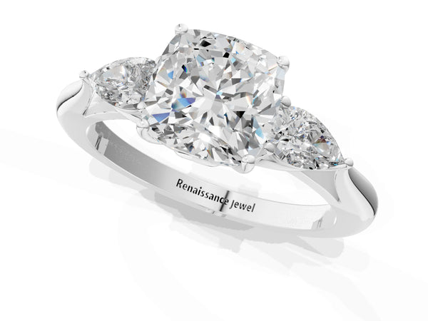 Sterling Silver Cushion Cut Three Stone Engagement Ring Setting with Pear Side Stones and Thin Band