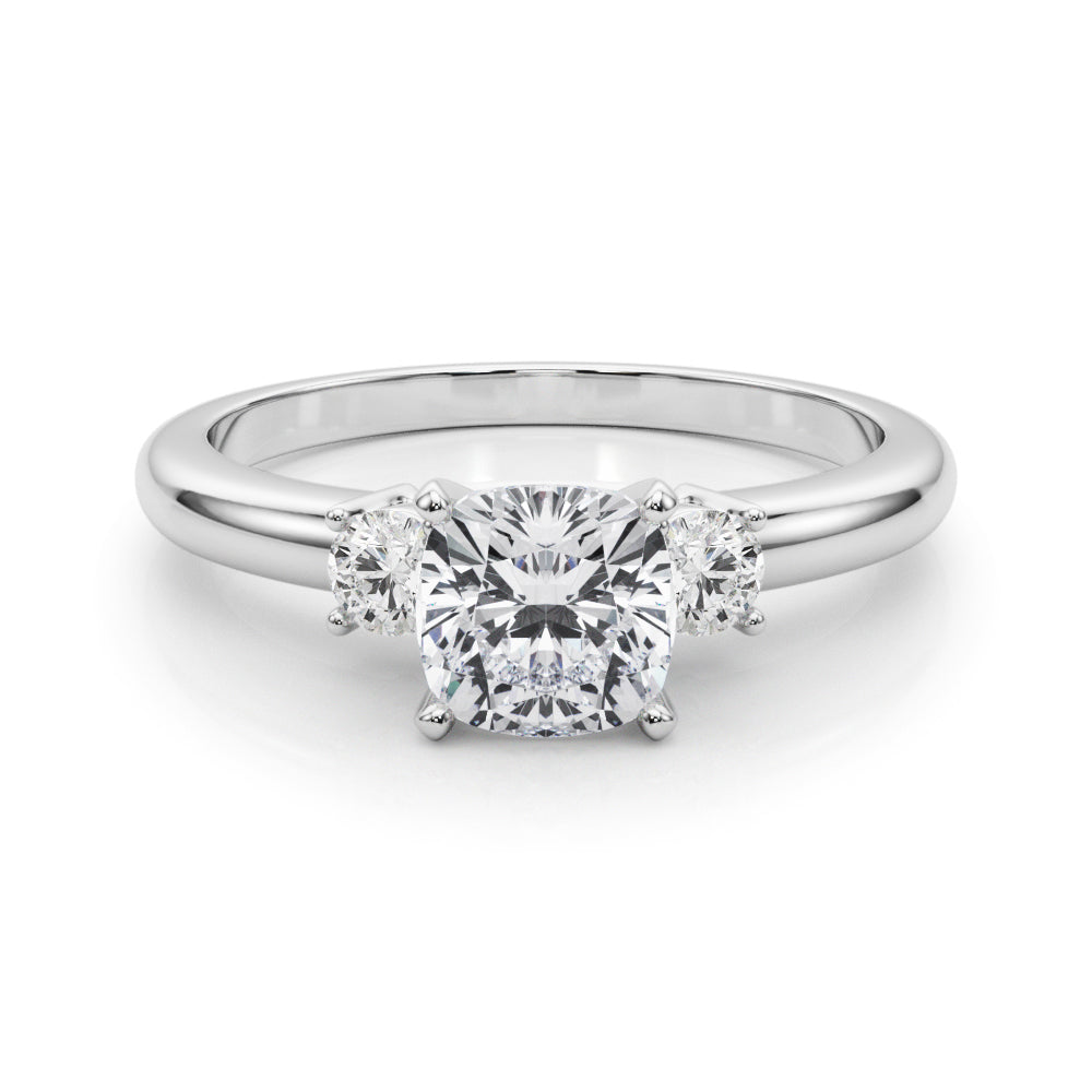 Silver Three-Stone Cushion Cut Diamond Solitaire with Prong Setting and Classic Band