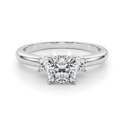 Silver Three-Stone Cushion Cut Diamond Solitaire with Prong Setting and Classic Band