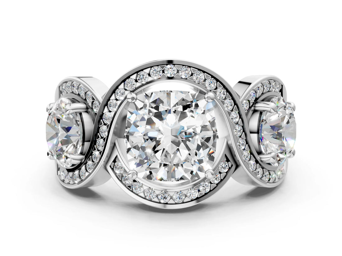 Silver Three-Stone Cushion Cut Diamond Wave Pave Band with Prong Setting_13