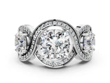 Silver Three-Stone Cushion Cut Diamond Wave Pave Band with Prong Setting_13
