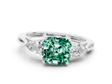 Silver Three-Stone Cushion Cut Green Sapphire Ring with Pear  Side Stones in Four-Prong Setting_60