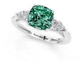 Silver Three-Stone Cushion Cut Green Sapphire Ring with Pear  Side Stones in Four-Prong Setting_61