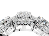 Silver Three-Stone Cushion Cut Halo Diamond Milgrain Band with Four-Prong Setting_11