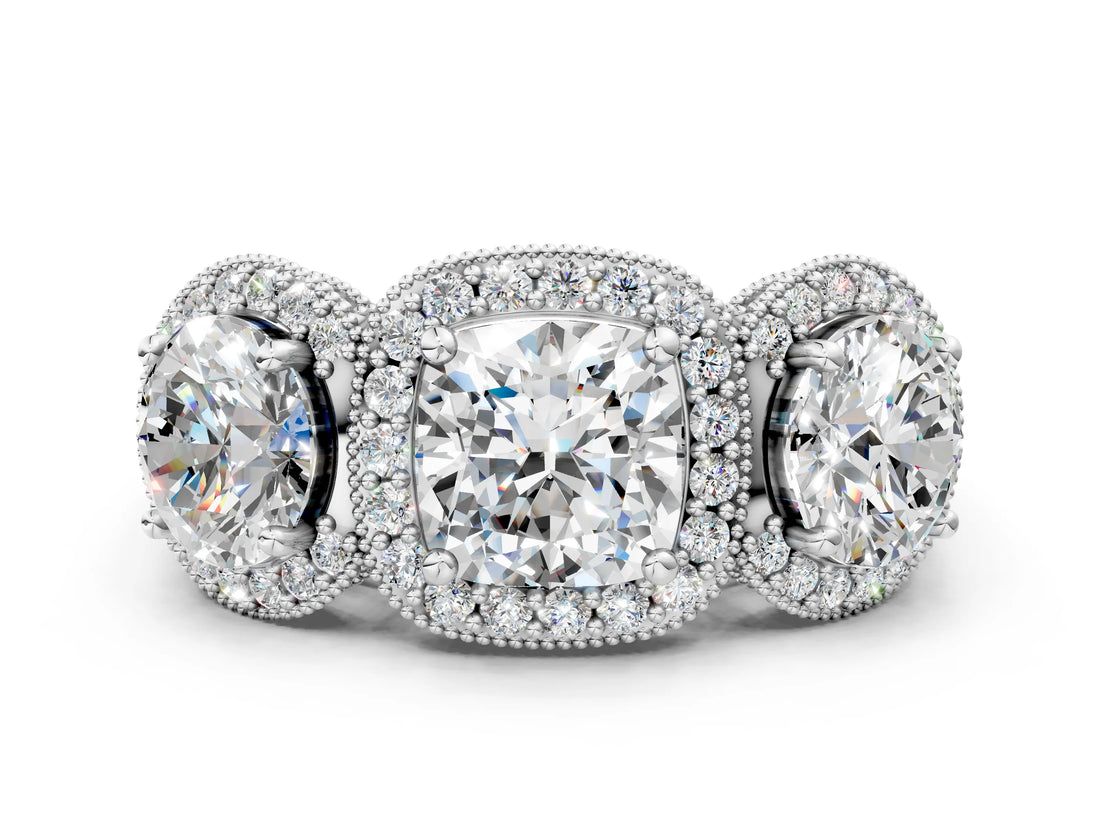 Silver Three-Stone Cushion Cut Halo Diamond Milgrain Band with Four-Prong Setting_7