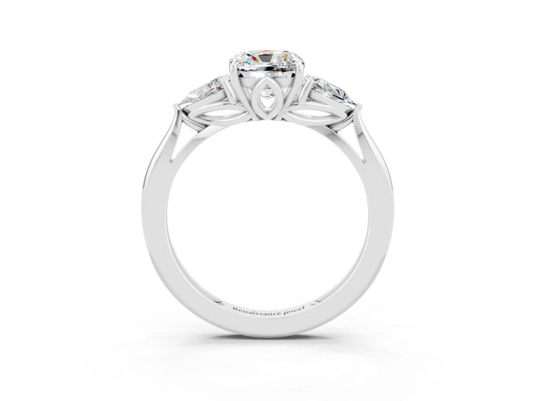 Silver Three-Stone Cushion Cut Moissanite Ring with Pear  Side Stones in Four-Prong Setting
