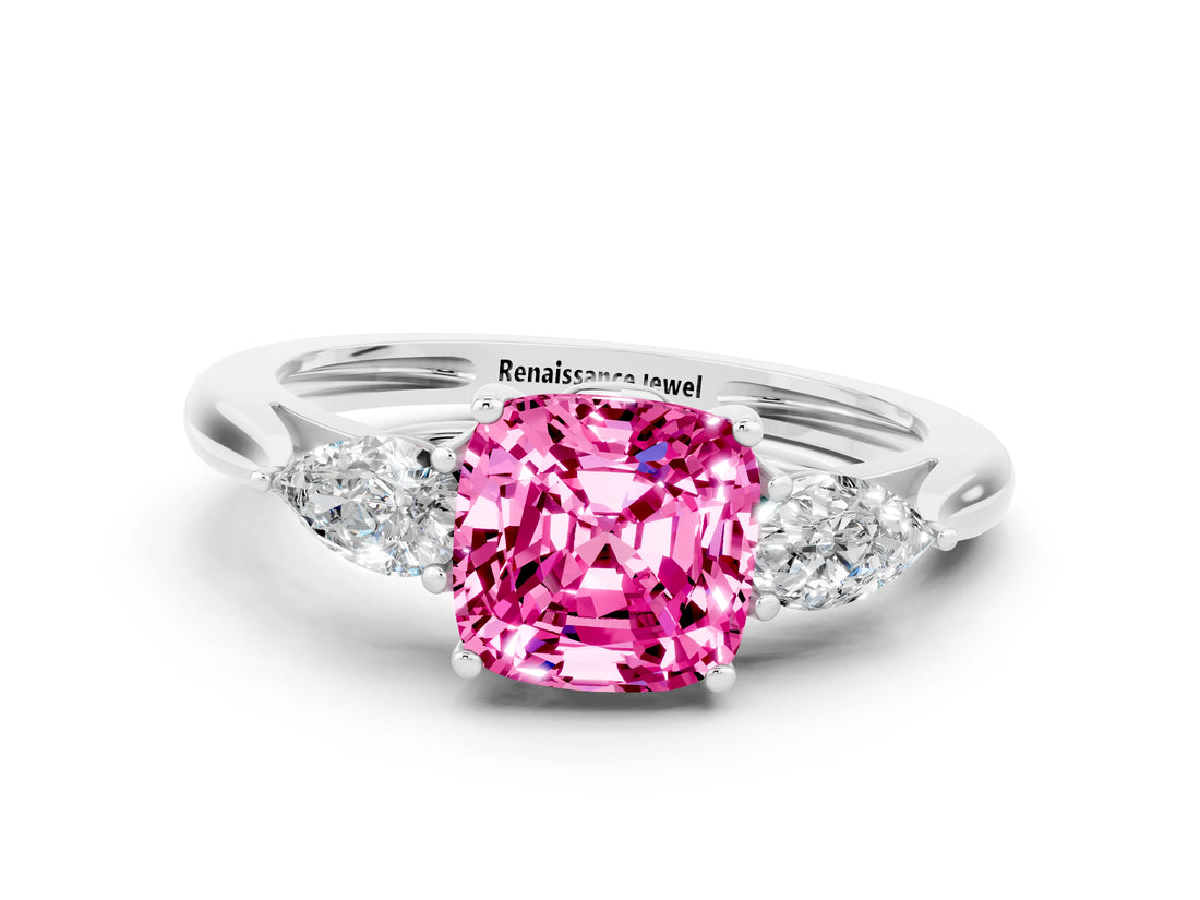 Silver Three-Stone Cushion Cut Pink Sapphire Ring with Pear  Side Stones in Four-Prong Setting_54