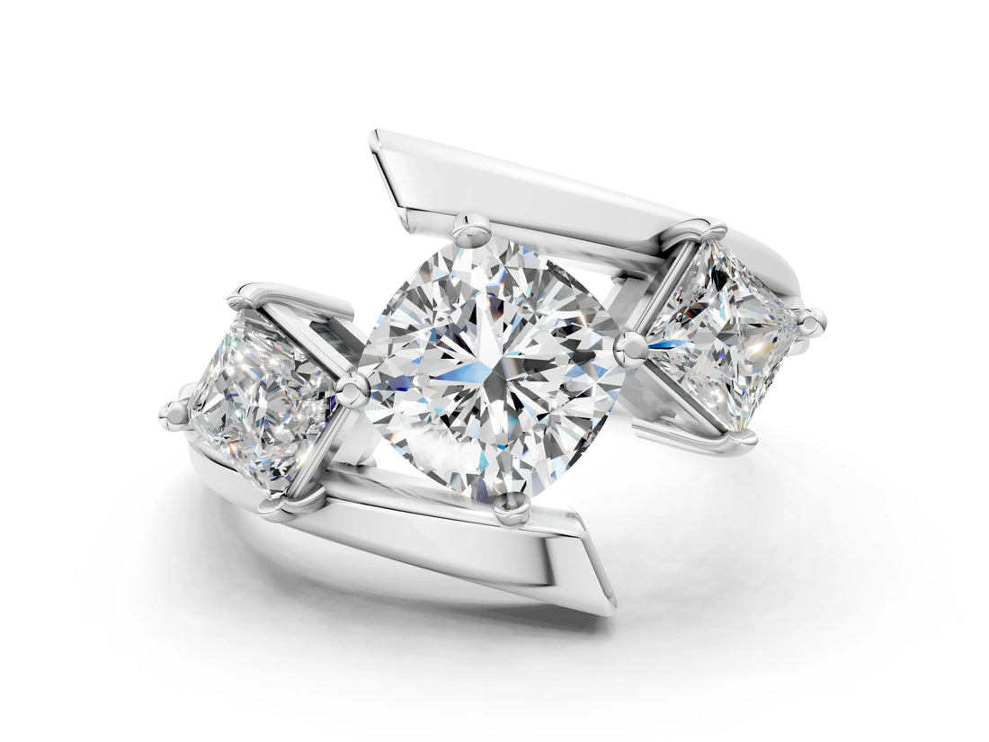 Silver Three-Stone Cushion Cut Tension Band Ring with Four-Prong Setting_12