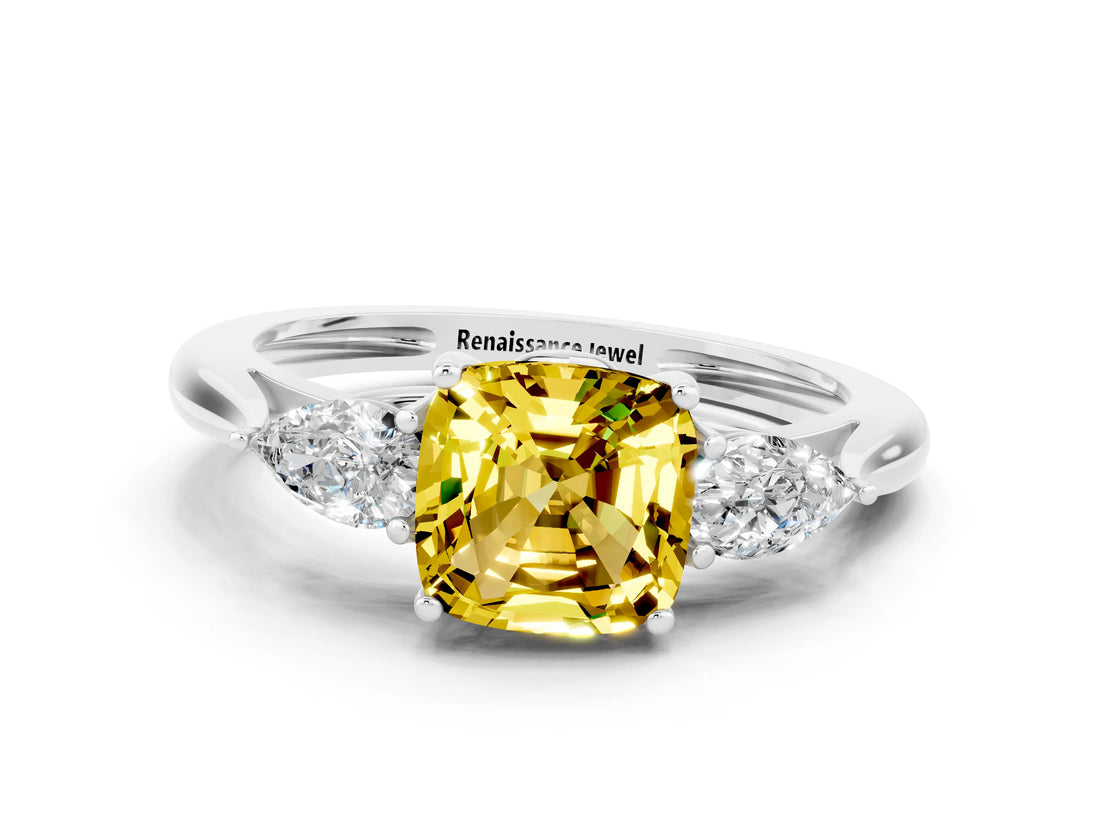 Silver Three-Stone Cushion Cut Yellow Sapphire Ring with Pear  Side Stones in Four-Prong Setting_54