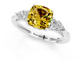 Silver Three-Stone Cushion Cut Yellow Sapphire Ring with Pear  Side Stones in Four-Prong Setting_55