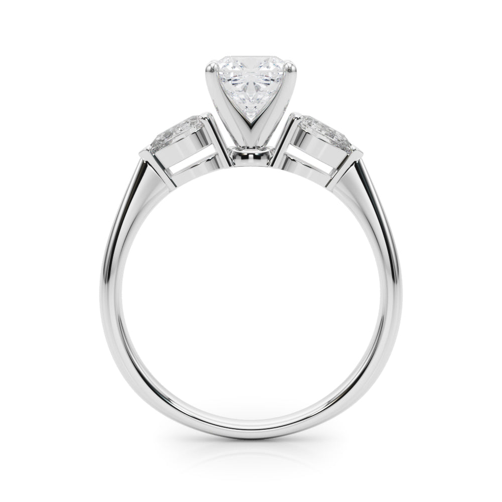 Silver Three-Stone Cushion Diamond Ring with Pear Side Stones on a Platinum Band with Four-Prong Setting 1