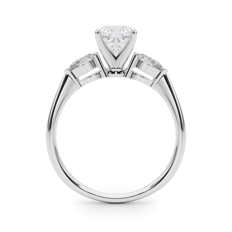 Silver Three-Stone Cushion Diamond Ring with Pear Side Stones on a Platinum Band with Four-Prong Setting 1