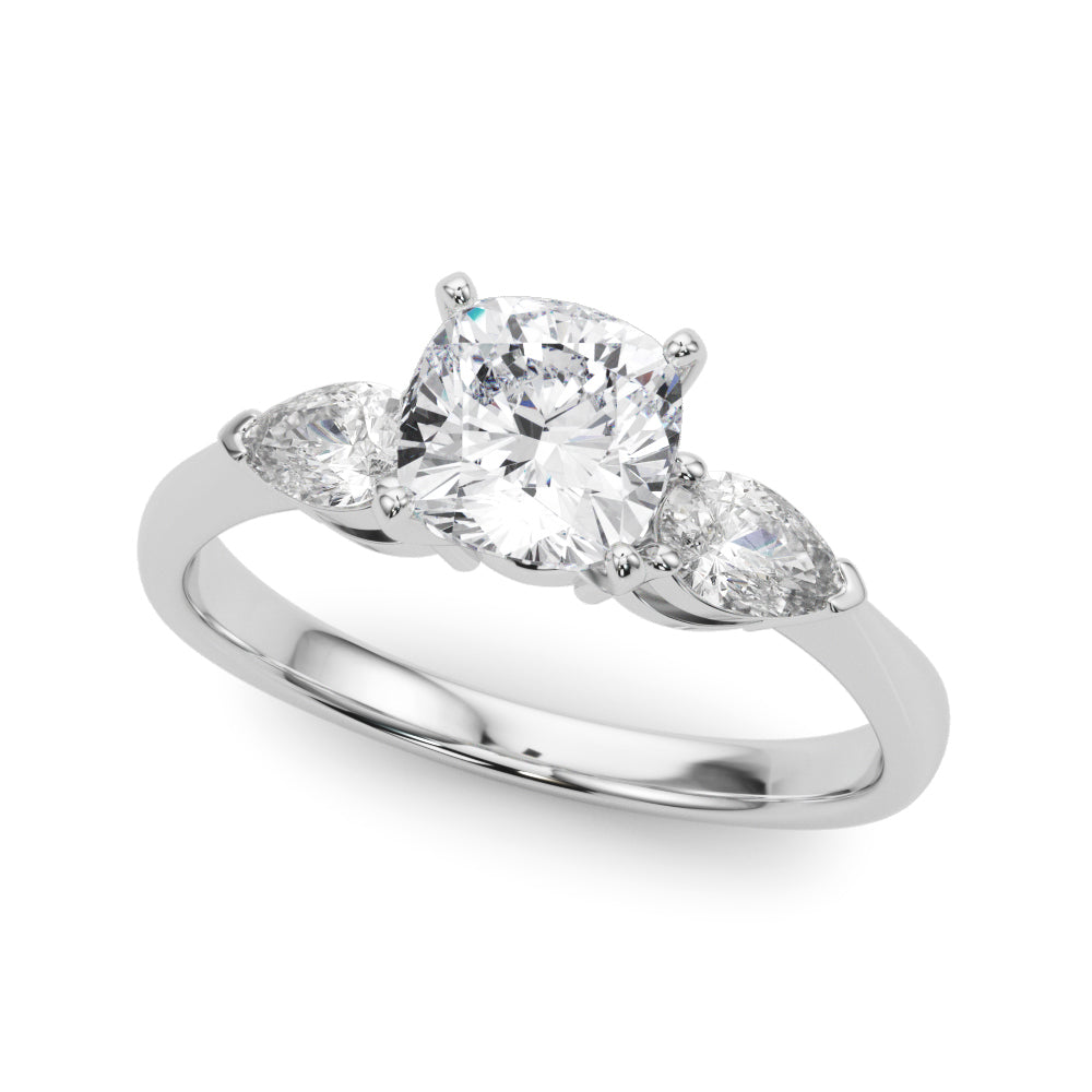 Silver Three-Stone Cushion Diamond Ring with Pear Side Stones on a Platinum Band with Four-Prong Setting 2