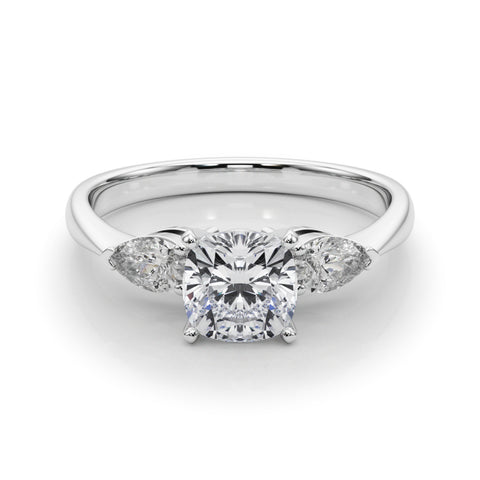 Silver Three-Stone Cushion Diamond Ring with Pear Side Stones on a Platinum Band with Four-Prong Setting