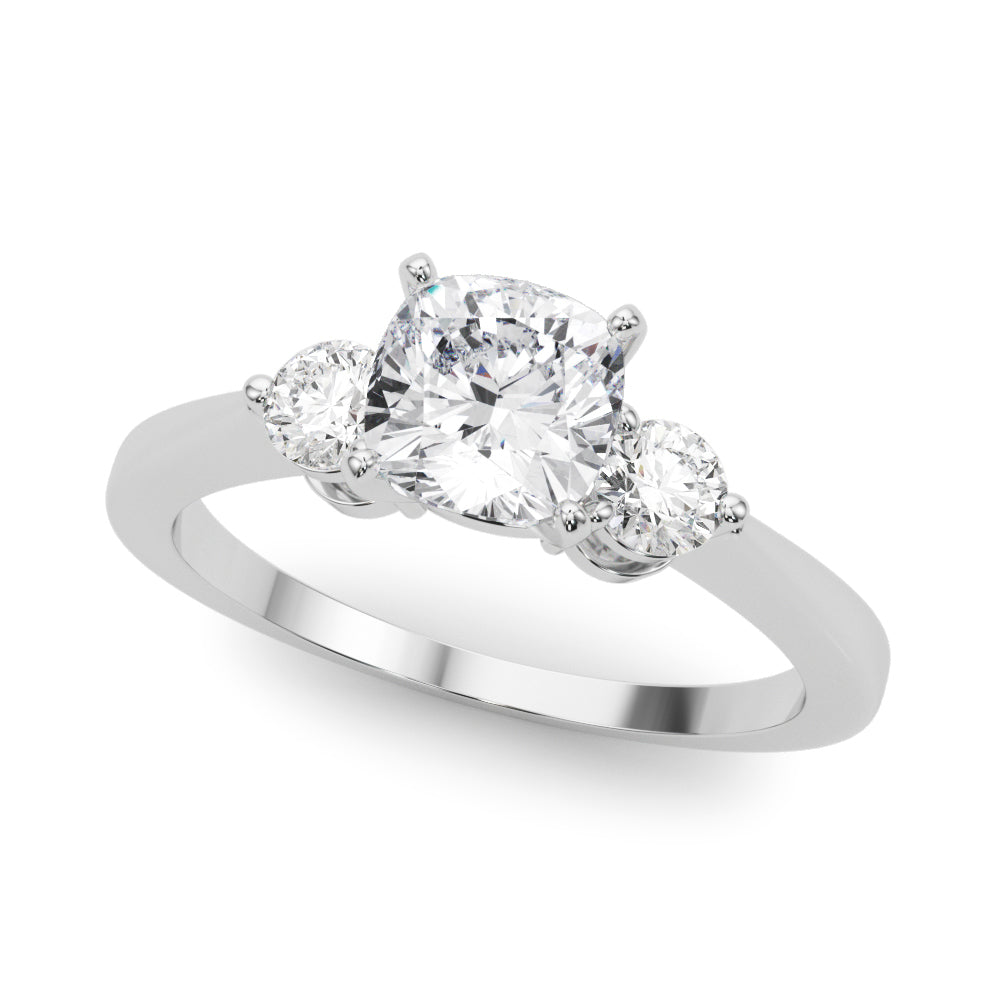 Silver Three-Stone Cushion Solitaire Ring with Tapered Band and Four-Prong Setting 2