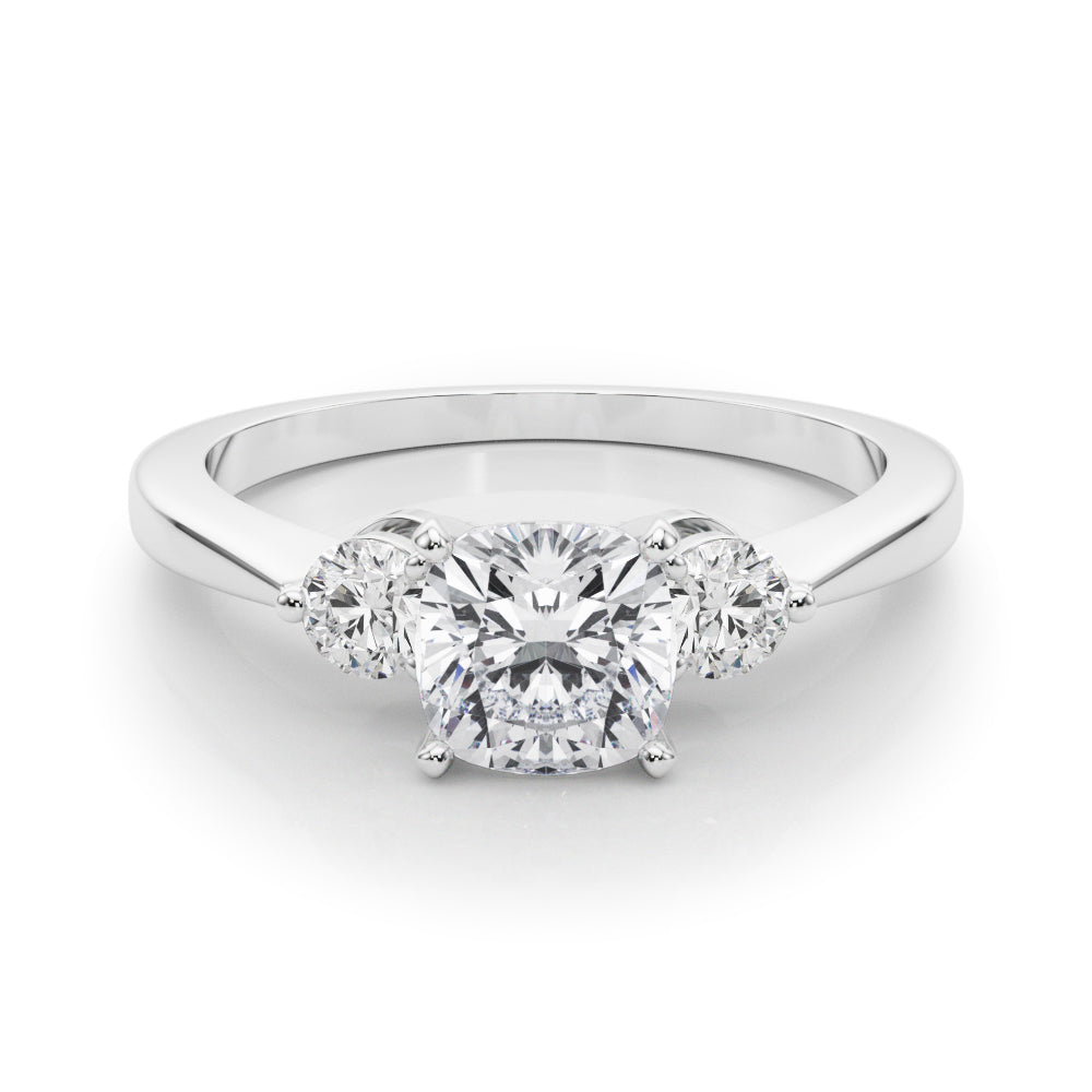 Silver Three-Stone Cushion Solitaire Ring with Tapered Band and Four-Prong Setting