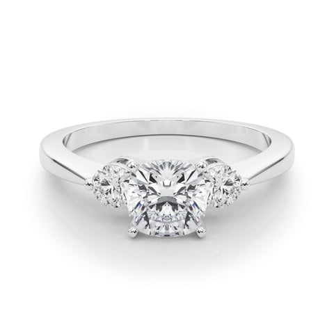 Silver Three-Stone Cushion Solitaire Ring with Tapered Band and Four-Prong Setting
