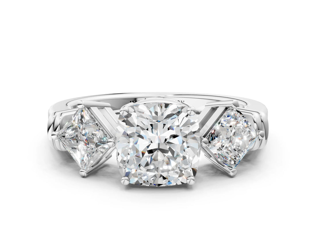 Silver Three-Stone Cushion and Princess Cut Diamond Ring with Channel Band and Four-Prong Setting_16