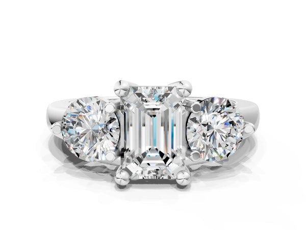 Sterling Silver Emerald Cut Three Stone Engagement Ring Setting with Open Prong Baskets