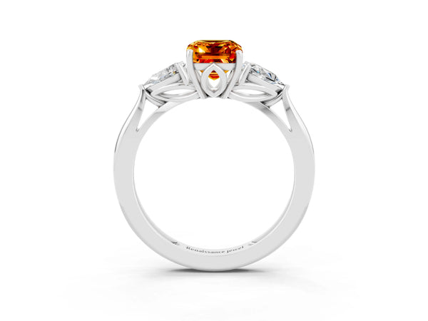 Silver Three-Stone Emerald Cut Citrine Ring with Pear  Side Stones in Four-Prong Setting
