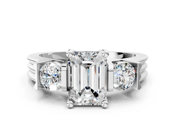 Silver Three-Stone Emerald Cut Classic Band Prong Setting Ring