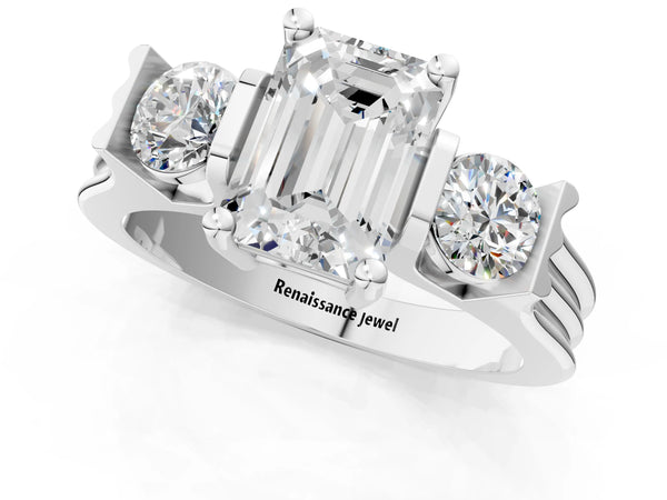 Silver Three-Stone Emerald Cut Classic Band Prong Setting Ring