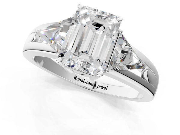 Sterling Silver Emerald Cut Trillion Three Stone Engagement Ring Setting