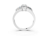 Silver Three-Stone Emerald Cut Cut Diamond Ring with Trillion Side Stones on a Split Shank Band_16