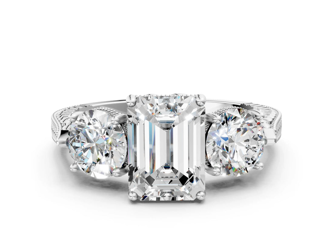 Silver Three-Stone Emerald Cut Cut Milgrain Band Prong Setting Ring_13