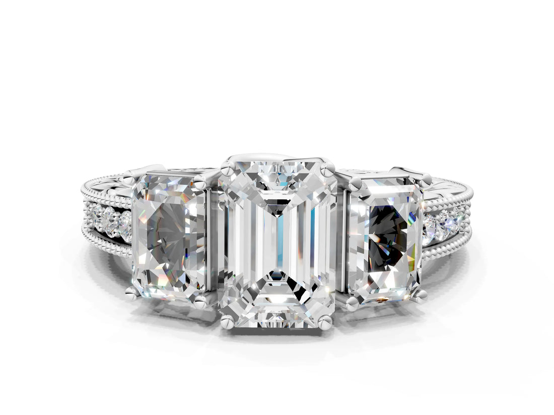 Silver Three-Stone Emerald Cut Cut Milgrain Pavé Engagement Ring_19