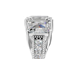 Silver Three-Stone Emerald Cut Cut Milgrain Pavé Engagement Ring_24