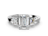 Silver Three-Stone Emerald Cut Diamond Cathedral Engagement Ring with Prong Setting_14