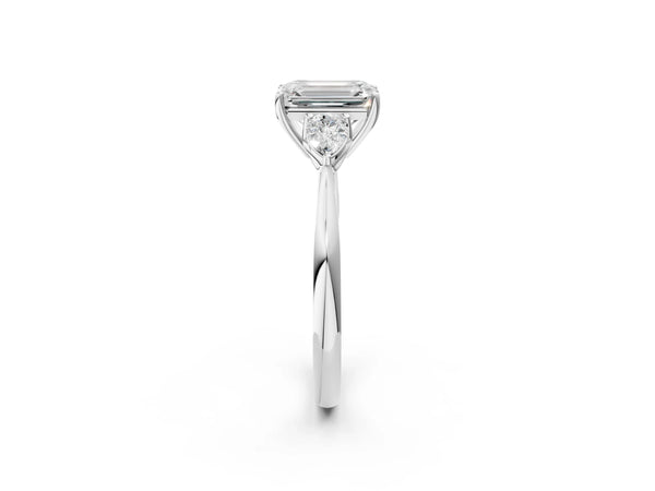 Sterling Silver Emerald Cut Three Stone Engagement Ring Setting with Pear Side Stones and Thin Band