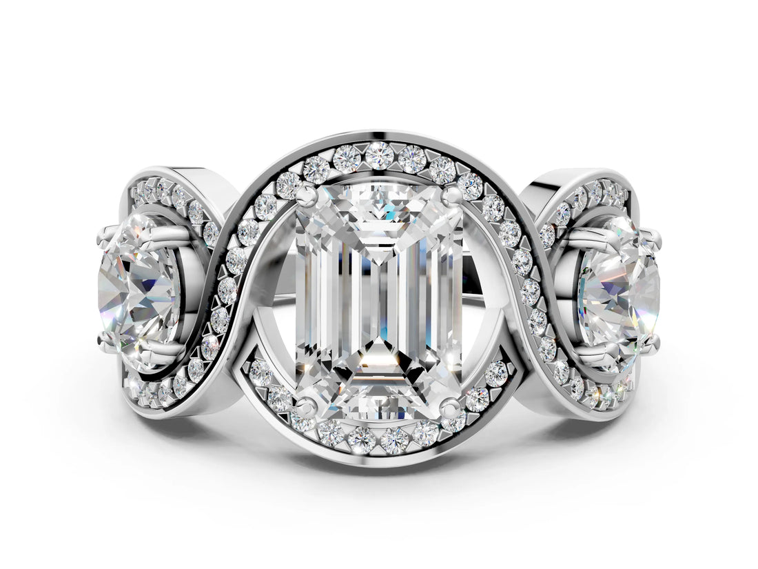 Silver Three-Stone Emerald Cut Diamond Wave Pave Band with Prong Setting_25
