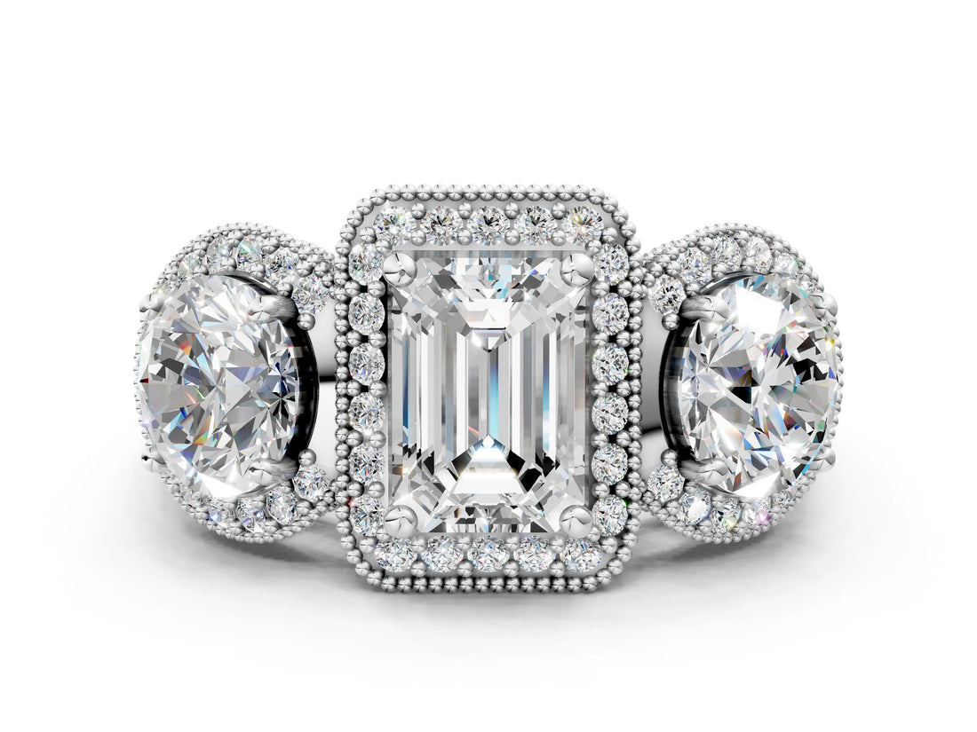 Silver Three-Stone Emerald Cut Halo Diamond Milgrain Band with Four-Prong Setting_7
