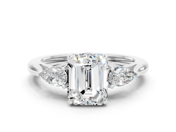 Silver Three-Stone Emerald Cut Moissanite Ring with Pear  Side Stones in Four-Prong Setting