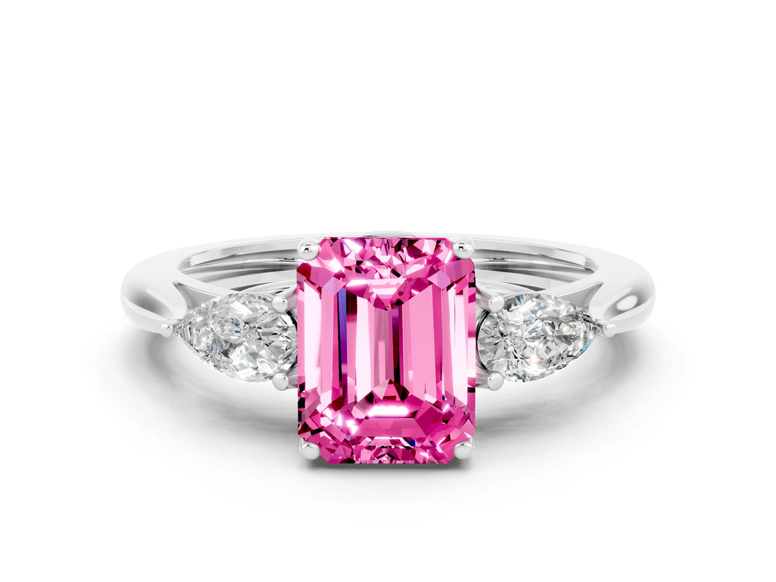 Silver Three-Stone Emerald Cut Pink Sapphire Ring with Pear  Side Stones in Four-Prong Setting_54