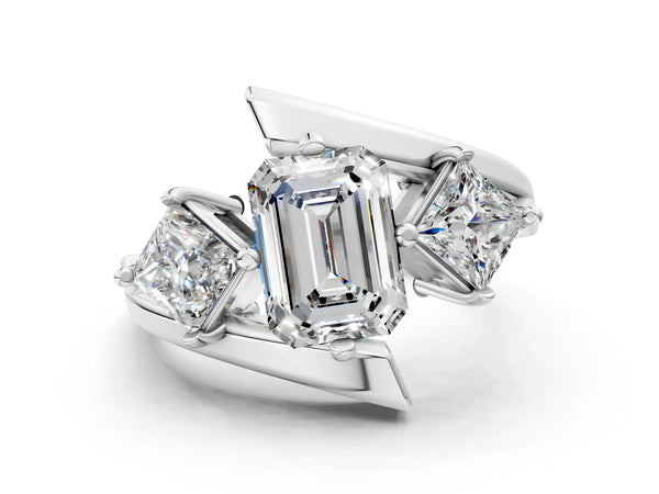 Silver Three-Stone Emerald Cut Tension Band Ring with Four-Prong Setting
