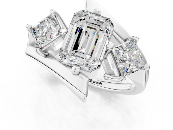 Silver Three-Stone Emerald Cut Tension Band Ring with Four-Prong Setting