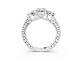 Silver Three-Stone Emerald Diamond Milgrain Pave Band with Prong Setting 3
