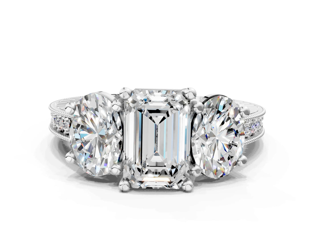 Silver Three-Stone Emerald Diamond Milgrain Pave Band with Prong Setting