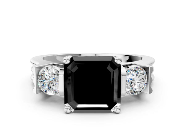 Silver Three-Stone Fancy Black Asscher Cut Classic Band Prong Setting Ring