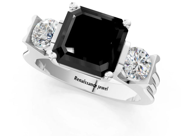 Silver Three-Stone Fancy Black Asscher Cut Classic Band Prong Setting Ring