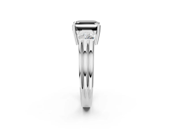 Silver Three-Stone Fancy Black Asscher Cut Classic Band Prong Setting Ring