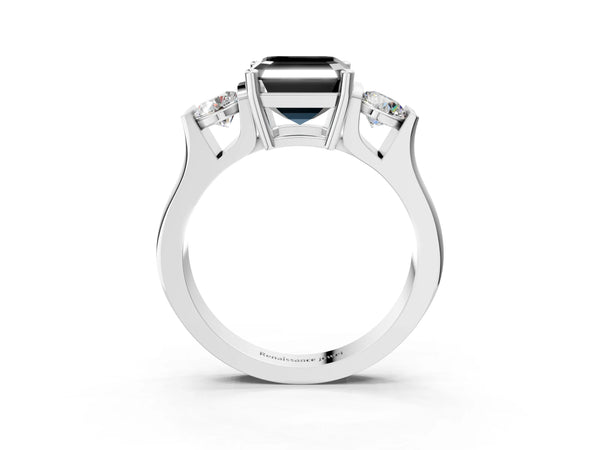 Silver Three-Stone Fancy Black Asscher Cut Classic Band Prong Setting Ring